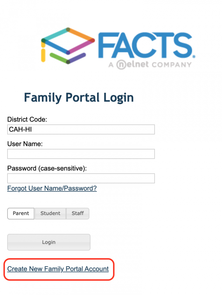 FACTS Family Portal Login Screen Christian Academy